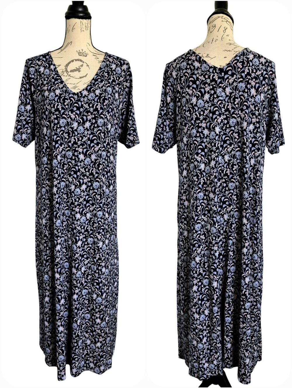 J. Jill Floral short sleeve V neck Cotton Modal stretch Soft Maxi Dress L Petite